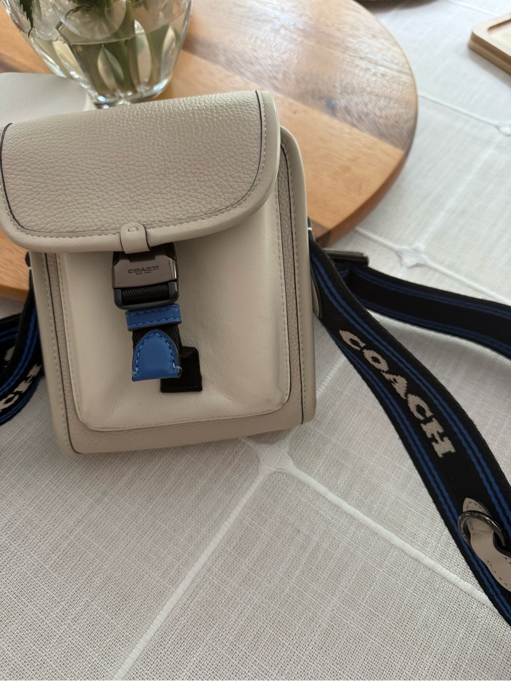 Coach Cream Leather Belt/Crossbody Bag with Blue Accents- no hybrid pouch